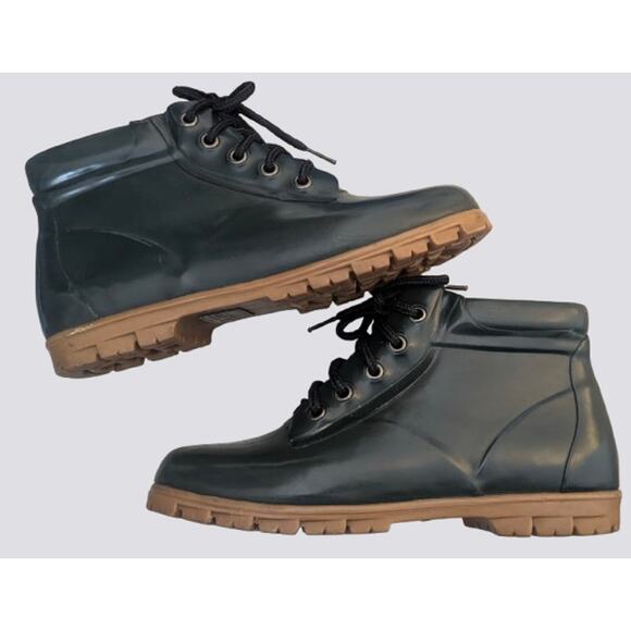 Vintage Womens LANDS' END Hunter Green Rubber Rain Duck Boots SIZE 8 - Picture 1 of 5
